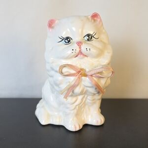 Vintage Young's White Ceramic Cat Figurine with Pink Accents